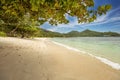 Seychelles summer tropical landscape. Famous tropical coral sandy palm beach Baie Lazare, Seychelles, Mahe island, Indian ocean.