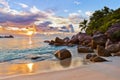 Seychelles tropical beach at sunset Royalty Free Stock Photo