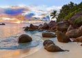 Seychelles tropical beach at sunset Royalty Free Stock Photo