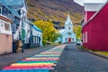 SEYDISFJORDUR, ICELAND, JULY 26, 2018: Empty street of Seydisfjordur town. Colorful morning scene of East Iceland, Europe