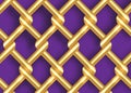 Golden metal wire fence template. Gold chains intertwining and overlapping, vector isolated on purple background Royalty Free Stock Photo