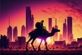 Sci-fi landscape with man on futuristic camel in post-apocalyptic city at sundown. illustration painting