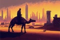 Sci-fi landscape with man on futuristic camel in post-apocalyptic city at sundown. illustration painting