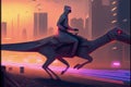Sci-fi landscape with man on futuristic camel in post-apocalyptic city at sundown. illustration painting