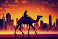 Sci-fi landscape with man on futuristic camel in post-apocalyptic city at sundown. illustration painting