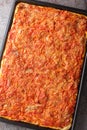 Sfincione or Sicilian-style pizza with a homemade yeast crust and tomato onion sauce, cheese, and anchovies on top closeup on a Royalty Free Stock Photo