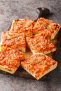 Sfincione Siciliano is a Sicilian style pizza topped with crispy bread crumbs, grated cheese and oregano closeup on the wooden Royalty Free Stock Photo