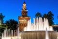 Sforza Castle and beautiful fountain at night, Milan, Italy Royalty Free Stock Photo