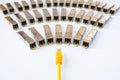 SFP network modules for network switch and yellow patch cord. Internet. Communication. Network Royalty Free Stock Photo
