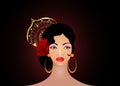 Portrait of flamenco woman, beautiful girl, Spanish style. Latin Lady wearing gold folk accessories peineta, red rose flowers