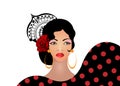 Portrait of flamenco woman, beautiful girl, Spanish style. Latin Lady wearing folk accessories peineta, red rose flower