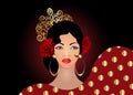 Portrait of flamenco woman, beautiful girl, Spanish style. Latin Lady wearing folk gold accessories ethnic comb, peineta, red rose