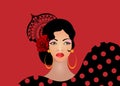 Portrait of flamenco woman, beautiful girl, Spanish style. Latin Lady wearing folk gold accessories ethnic comb, peineta, red rose