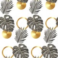 Luxury gold and black tropical plant seamless background vector. Floral pattern with golden tropical palm, monstera leaf, exotic Royalty Free Stock Photo