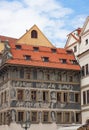 Sgraffito plaster art work on the `Dum U Minute` House of Minutes Building in Old Town, Prague, Czech Republic.