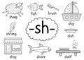 Sh digraph spelling rule black and white educational poster for kids Royalty Free Stock Photo