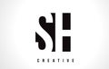 SH S H White Letter Logo Design with Black Square.