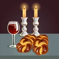 Shabbat background with candles, challahs and kiddush wine