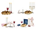 Shabbat ceremony scenes watercolor illustration set with Torah, star of David, candles, challah, red wine and menorah