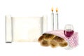 Shabbat challah covered with cloth, two burning candles, red wine glass and blank Torah scroll hand drawn illustration