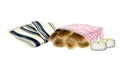 Shabbat challah covered with cloth, two candles and tallit for prayer watercolor illustration for Saturday eve ceremony