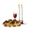 Shabbat challah, two candles and red wine glass watercolor illustration for Saturday eve ceremony and Jewish faith