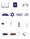 Jewish Shabbat icon set, Shabbat shalom Hebrew and English, star of David, kippah, Kiddush cup, wine glass, wine bottle, Torah Jew
