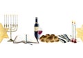 Shabbat eve ceremony horizontal seamless border for greetings with Jewish challah bread, wine, Torah, candles and tallit