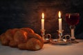 shabbat image. challah bread, shabbat wine and candles