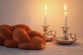 shabbat image. challah bread, shabbat wine and candles