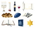 Shabbat Jewish Saturday watercolor illustration set with Torah, star of David, two candles, challah, wine and menorah