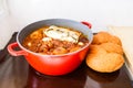 Shabbat or Sabbath traditional food on the hot plate in the kitchen.