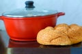 Shabbat or Sabbath traditional food on the hot plate in the kitchen.