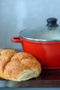 Shabbat or Sabbath traditional food on the hot plate in the kitchen.