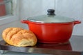 Shabbat or Sabbath traditional food on the hot plate in the kitchen.