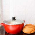 Shabbat or Sabbath traditional food on the hot plate in the kitchen.