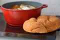 Shabbat or Sabbath traditional food on the hot plate in the kitchen.