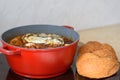 Shabbat or Sabbath traditional food on the hot plate in the kitchen.