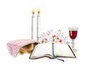 Shabbat scene with open Torah book, two candles, challah with cover, red wine glass and flowers watercolor illustration