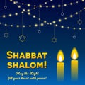 Shabbat shalom candles greeting card lettering and strings of lights in dark night sky