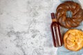 Shabbat Shalom - challah bread, shabbat wine on light grey background. Top view. With copy space Royalty Free Stock Photo