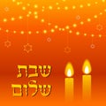 Shabbat shalom candles greeting card lettering, strings lights and stars