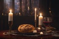 Shabbat table with wine and challah bread