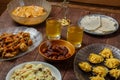 Shabbat table for the family with traditional holiday dishes and drinks