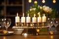 Shabbat table set with white candles. AI Generated