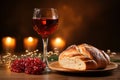 Shabbat table set with candles, challah bread, and wine. AI Generated