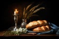 Shabbat table set with candles, challah bread, and wine, symbolizing the holiness and blessings of the day. AI Generated