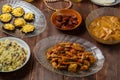 Shabbat table with traditional holiday food meat and sweets menorah