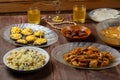 Shabbat table with traditional holiday food menorah. Horizontal