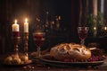 Shabbat table with wine and challah bread